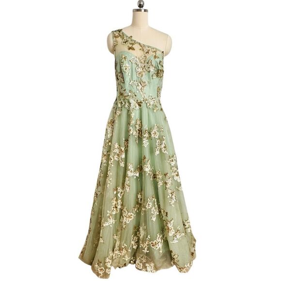 Mac Duggal Green and Gold Floral Embroidered One-Shoulder SAMPLE Gown | 12W - Picture 1 of 10